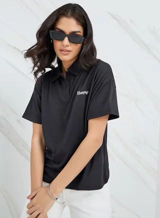Boxy Fit Embroidered Detail Textured Polo T-Shirt 