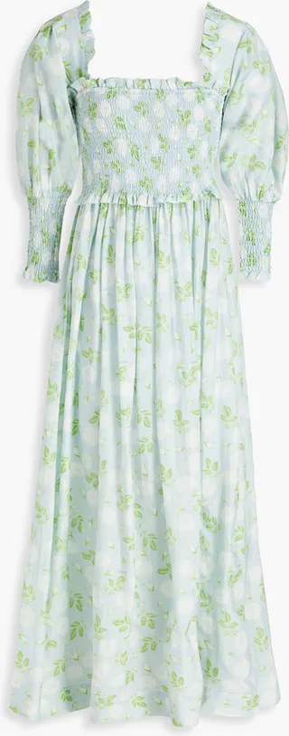 Shirred floral-print cotton and silk-blend maxi dress