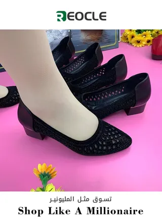 Hollow Mesh Women's Loafers Sandals Summer Medium Heel Thick Heel Breathable Soft Sole Soft Leather Non-slip 