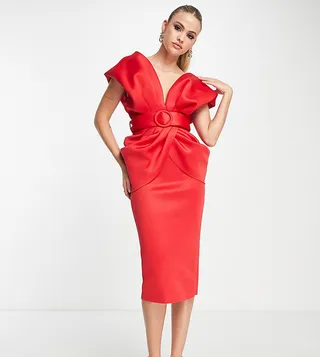 ASOS DESIGN Tall drape shoulder belted midi dress in red