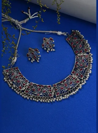 Silver Plated Designer Stone Necklace and Earrings Set