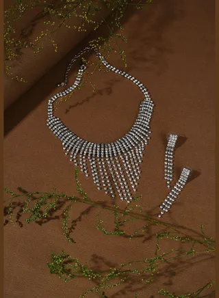 Silver Plated Designer Stone Necklace and Earring Set