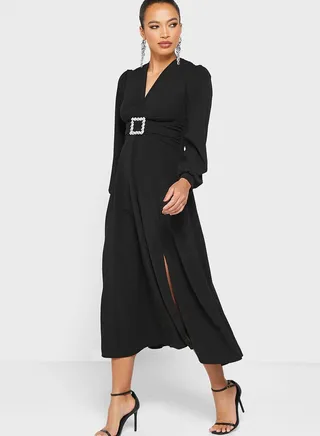 Ruched Waist Detail Dress With Slit 