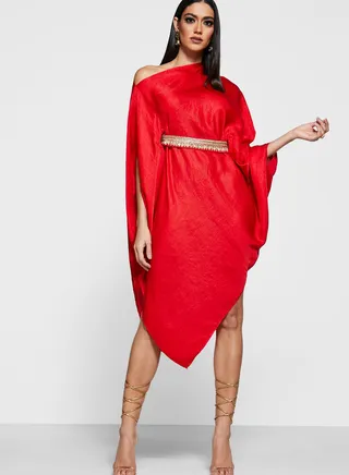 One Shoulder Belted Asymmetric Dress 