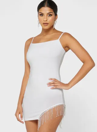 Metallic Fringe Bodycon Strap Dress 