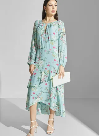Keyhole Neck Tiered Hem Dress