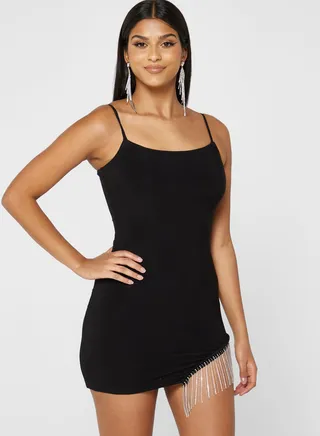 Metallic Fringe Bodycon Strap Dress 