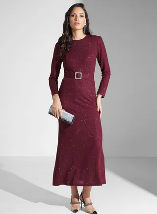 Belted Shimmer Shift Dress 