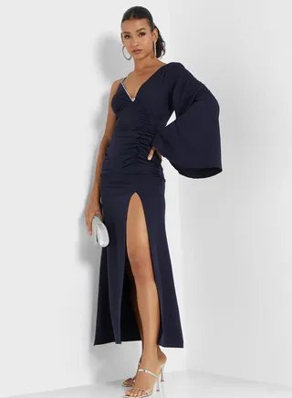 Crystal Strap Detail One Shouldered Dress 