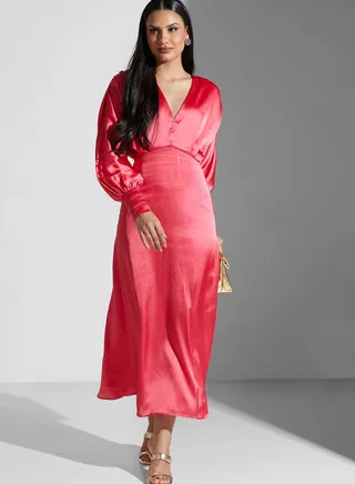 Side Split Balloon Sleeve Button Detail Dress 