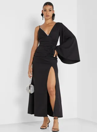Crystal Strap Detail One Shouldered Dress