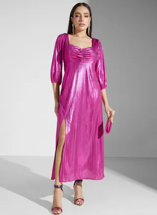 Puff Sleeve Dress With Slit 