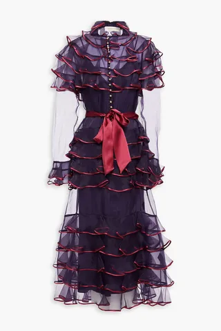 Belted tiered silk-organza midi dress
