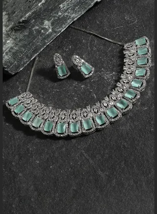 Silver Plated American Diamond and Designer Stone Party Necklace and Earring Set For Women