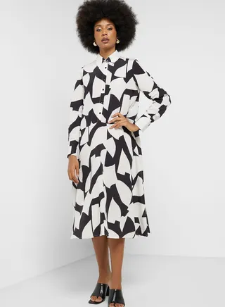 Asymmetrical Hem Printed Shirt Dress 