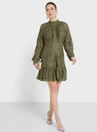 High Neck Lace Openwork Detail Dress