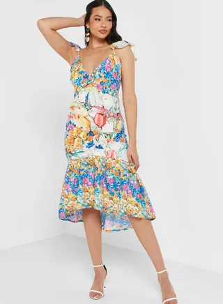 Plunge Neck Printed Ruffle Dress 