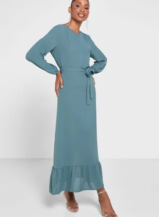 Ruffle Hem Belted Dress 