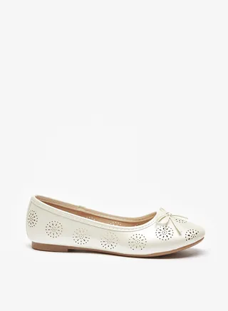 Girls Textured Slip On Ballerina Shoes with Bow Accent 