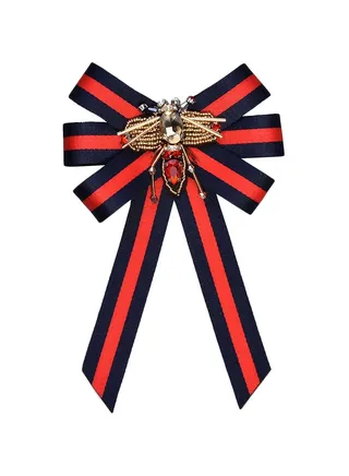 Stylish Bee Block Stripe Bowknot Brooch With Rhinestone 