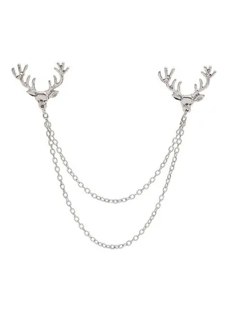 Shirt Collar Deer Head Brooch Pin with Long Chain 