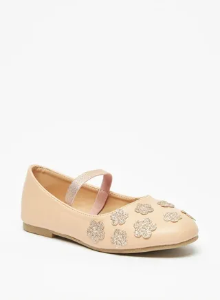 Girls Floral Accented Round Toe Ballerina Shoes With Elasticised Strap 