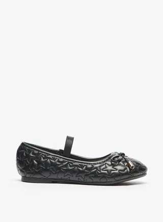 Girls Star Quilted Slip On Ballerina Shoes with Elasticated Strap and Bow Applique 