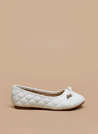 Girls Slip-On Textured Ballerina Shoes with Bow Accent 