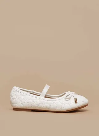 Girls Star Quilted Slip On Ballerina Shoes with Elasticated Strap and Bow Applique 