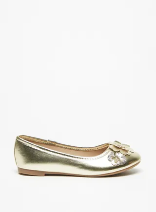 Girls Foil Flower Applique Slip On Round Toe Ballerina Shoes 