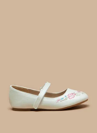 Girl's Embroidered Ballerinas with Hook and Loop Closure 