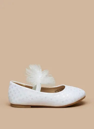 Girl's Printed Mary Jane Shoes With Bow Applique And Elasticated Strap 