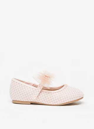 Girl's Textured Bow Applique Ballerina Shoes with Hook and Loop Closure 