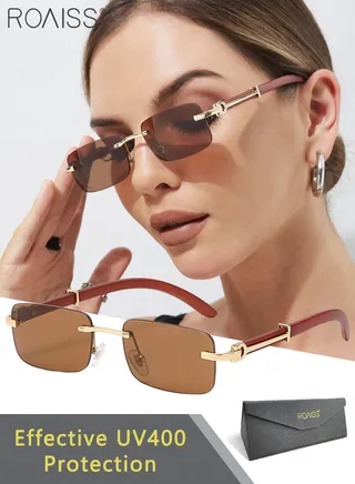 Women's Rectangular Rimless Sunglasses, UV400 Protection Sun Glasses with Wooden Texture Temples and Brown Lens, Fashion Anti-glare Sun Shades for Women with Glasses Case, 53mm 