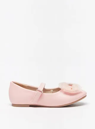 Girls Studded Bow Round Toe Ballerina Shoes with Hook and Loop Closure 