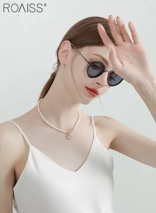 Women's Polarized Round Sunglasses, UV400 Protection Sun Glasses with Black Metal Frame and Grey Lenses, Fashion Anti-glare Sun Shades for Women with Glasses Case, 47mm 