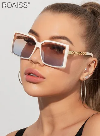 Women's Square Sunglasses, UV400 Protection Sun Glasses with Stylish Temples, Oversize Fashion Anti-glare Sun Shades for Women with Glasses Case, 60mm, Beige 