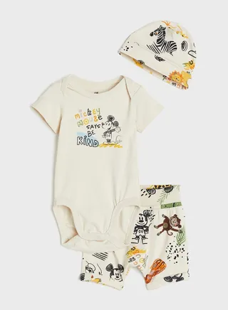 Kids 3 Piece Printed Body Suit, Shorts & Hat Set