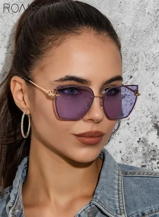 Women's Square Rimless Sunglasses, UV400 Protection Sun Glasses with Metal Temples, Oversize Fashion Anti-glare Sun Shades for Women with Glasses Case, 61mm 