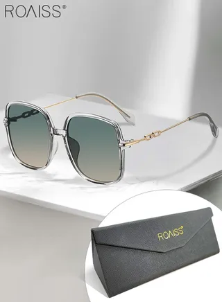 Women's Square Sunglasses, UV400 Protection Sun Glasses with Gold Metal Temples, Oversize Fashion Anti-glare Sun Shades for Women with Glasses Case, 54mm, Clear 