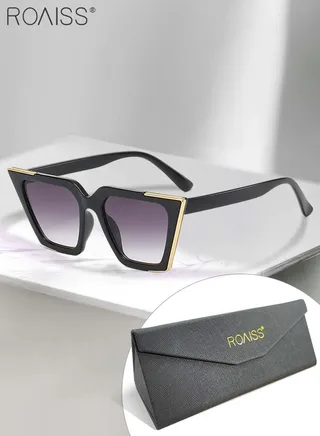 Women's Cat Eye Sunglasses, UV400 Protection Sun Glasses with Black Frame Decorated with Gold Trim, Fashion Anti-glare Sun Shades for Women with Glasses Case, 68mm 