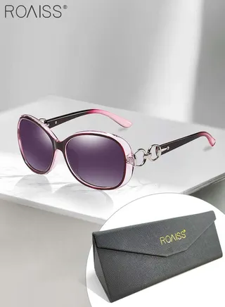 Women's Polarized Oval Sunglasses, UV400 Protection Sun Glasses with Metal and PC Frame, Fashion Anti-glare Sun Shades for Women with Glasses Case, 67mm, Purple 