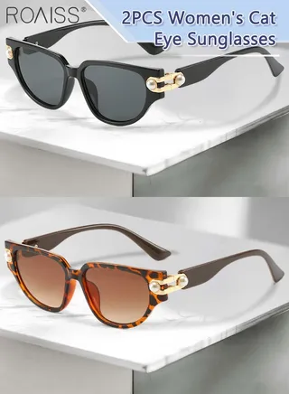 2PCS Women's Triangle Cat Eye Sunglasses, UV400 Protection Sun Glasses, Fashion Decorative Eyewear Decorated with Pearls for Outdoor Party Street Photography, Black and Leopard 