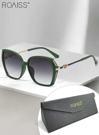 Women's Square Sunglasses, UV400 Protection Sun Glasses with Sequin Side Design, Fashion Anti-glare Sun Shades for Women with Glasses Case, 54mm, Green 