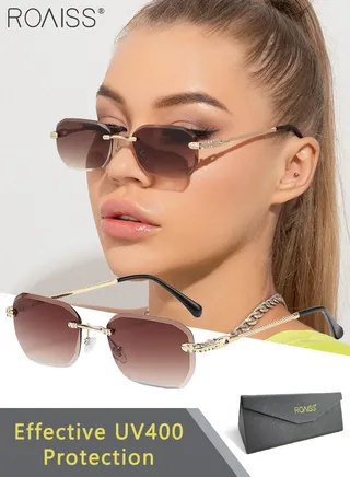 Women's Rectangular Rimless Sunglasses, UV400 Protection Sun Glasses with Metal Frame and Gradient Brown Lens, Fashion Anti-glare Sun Shades for Women with Glasses Case, 56mm 