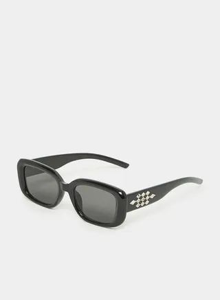 Full Rim Rectangle Sunglasses with Embellished Temple Detail