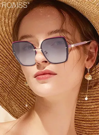 Women's Oversized Square Polarized Sunglasses UV400 Protection Sun Glasses with Purple Metal Frame Fashion Anti-glare Sun Shades for Women with Glasses Case 63mm 