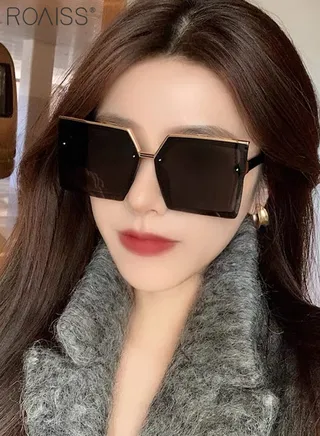 Women's Square Sunglasses, UV400 Protection Sun Glasses with Upper Metal Frame, Oversize Fashion Anti-glare Sun Shades for Women with Glasses Case, 66mm, Black Gold 