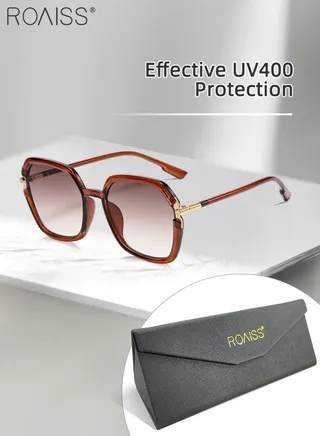 Women's Square Polarized Sunglasses, UV400 Protection Sun Glasses With Metal and TR90 Frame, Fashion Anti-glare Sunglasses for Women with Glasses Case, 56mm, Brown 