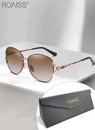 Women's Butterfly Polarized Sunglasses, UV400 Protection Sun Glasses with Gold Brown Metal Frame Decorated with Flower Pattern, Fashion Anti-glare Sun Shades for Women with Glasses Case, 61mm 
